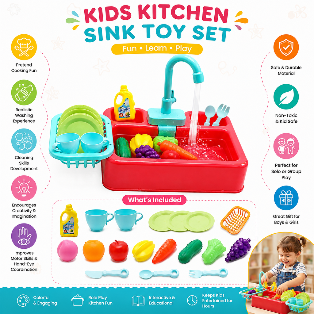 Kids Kitchen Sink Toy Set – Pretend Play Washing & Cooking Set