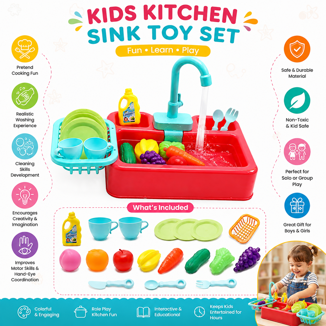 Kids Kitchen Sink Toy Set – Pretend Play Washing & Cooking Set