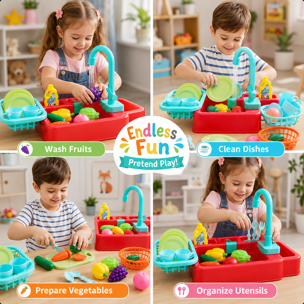 Kids Kitchen Sink Toy Set – Pretend Play Washing & Cooking Set