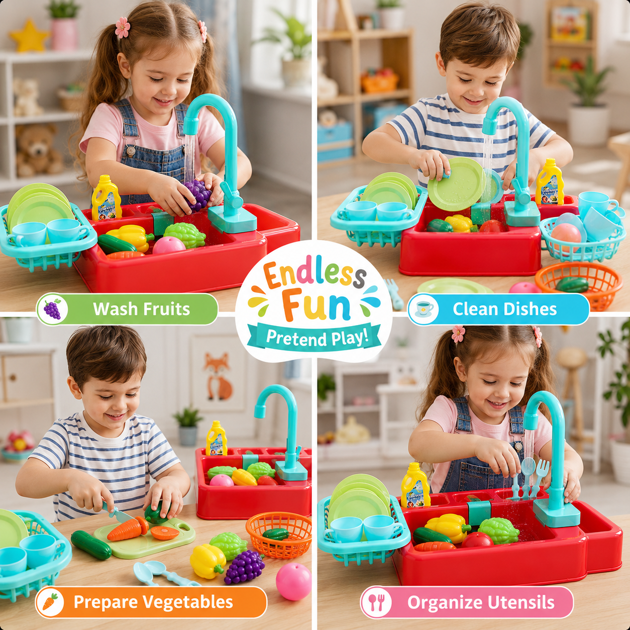 Kids Kitchen Sink Toy Set – Pretend Play Washing & Cooking Set