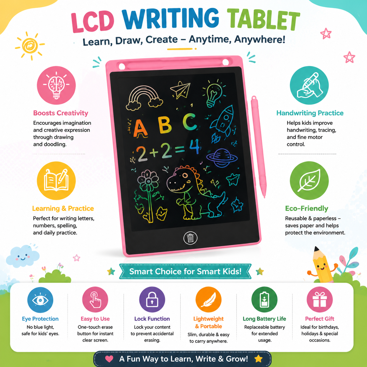 10-Inch LCD Writing Tablet – Reusable Digital Drawing & Writing Board
