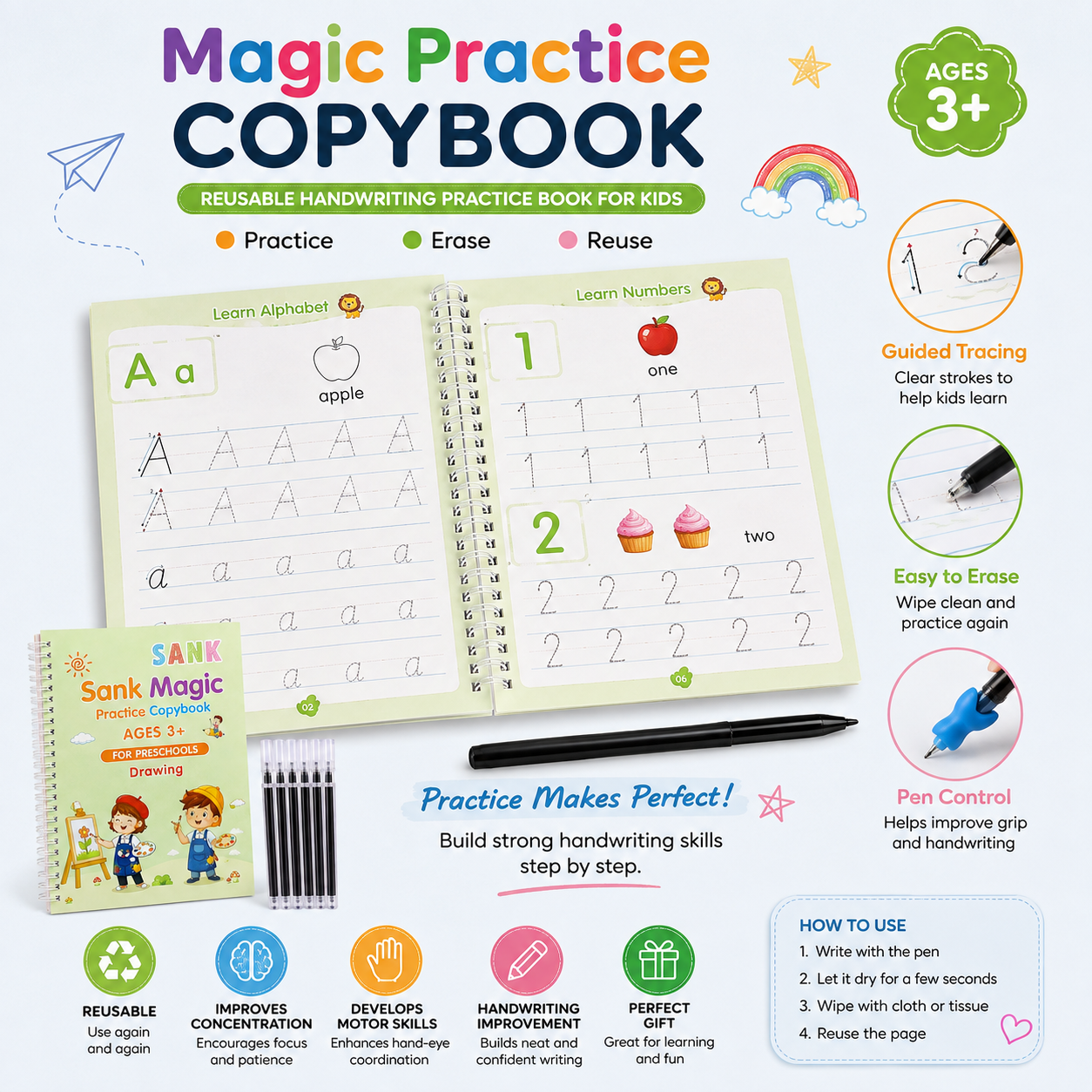 Magic Practice Copybook – Reusable Handwriting Practice Book for Kids