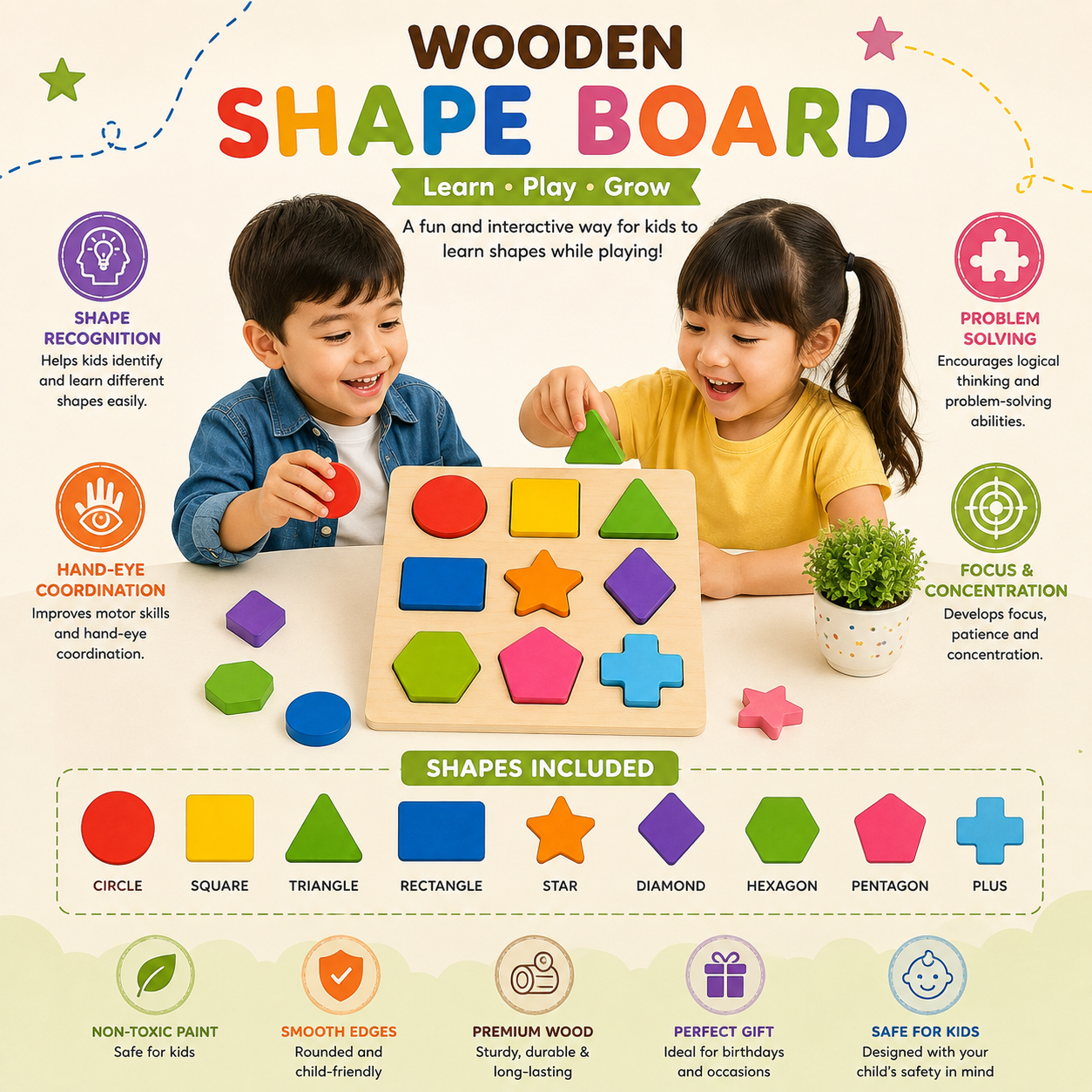 Wooden Shape Board – Shape Matching & Educational Puzzle Toy for Kids