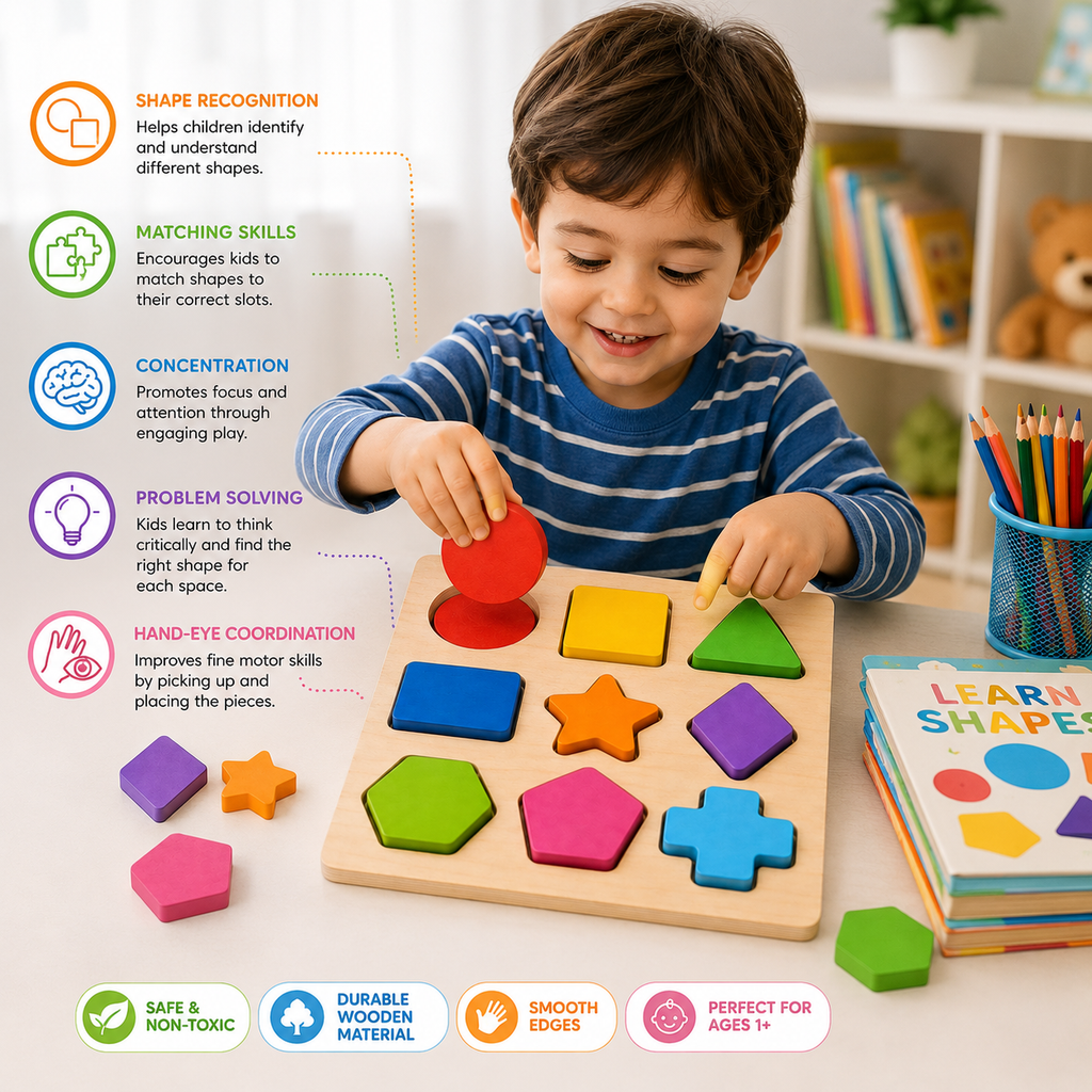 Wooden Shape Board – Shape Matching & Educational Puzzle Toy for Kids